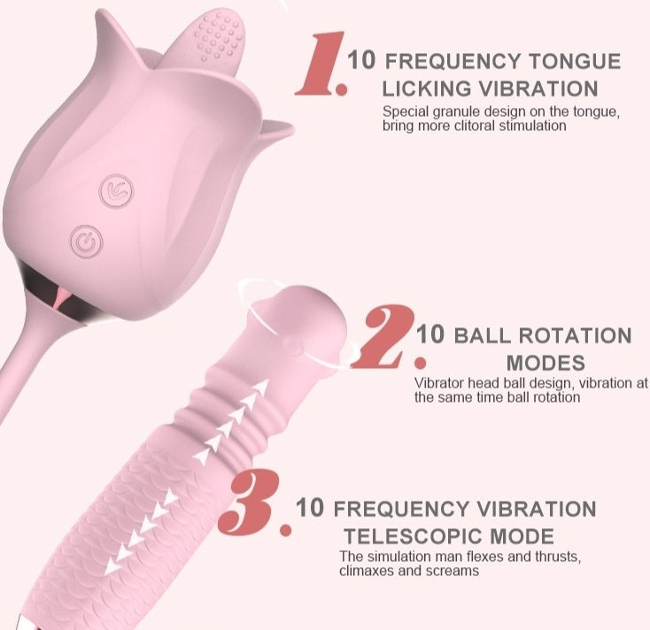 Lurevibe - 3-in-1 Blooming Sexy Pink Rose Toy Rotating Pearls Telescopic Tongue-licking Vibrator - Lurevibe