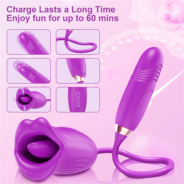 Lurevibe - Rose Muncher Rose Kiss Tongue Vibrator With Thrusting Dildo Vibrator - Lurevibe