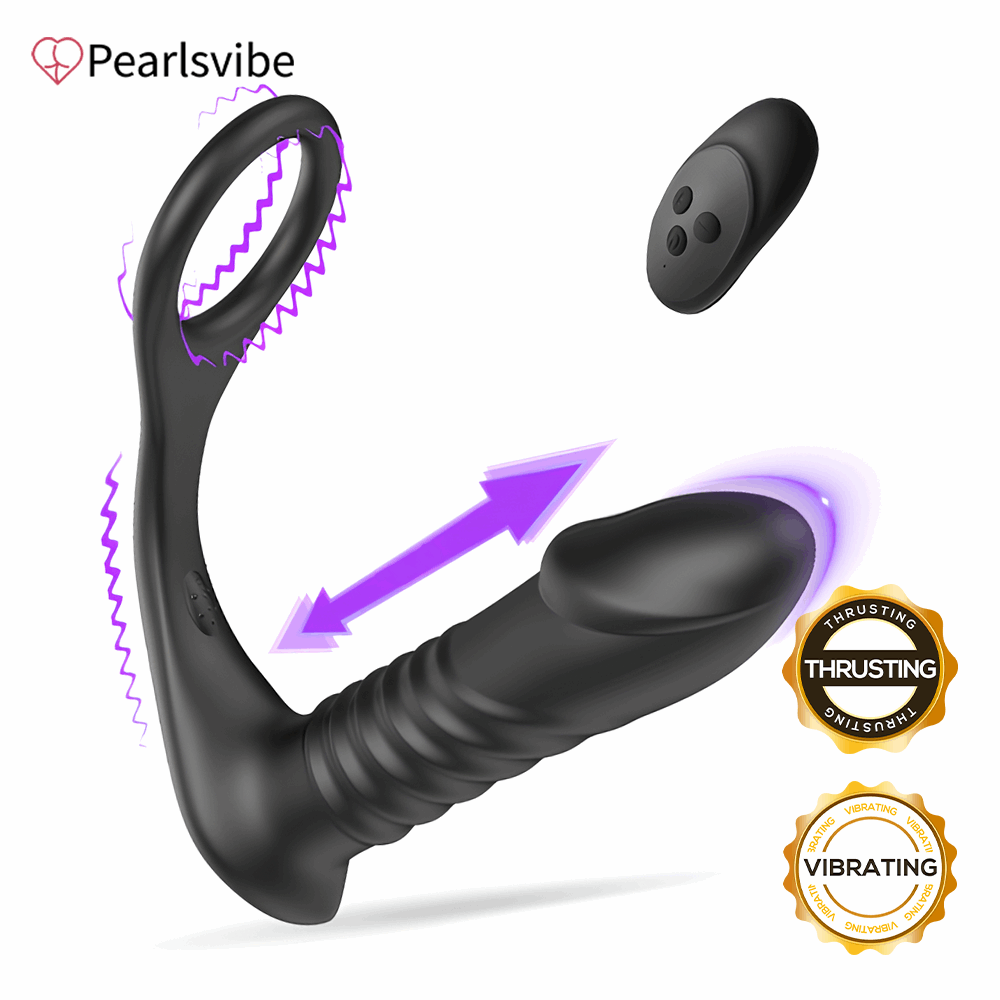 Lurevibe - 10 Thrilling Vibration 3 Thrusting Silicone Remote Control Cock Ring Anal Vibrator - Lurevibe