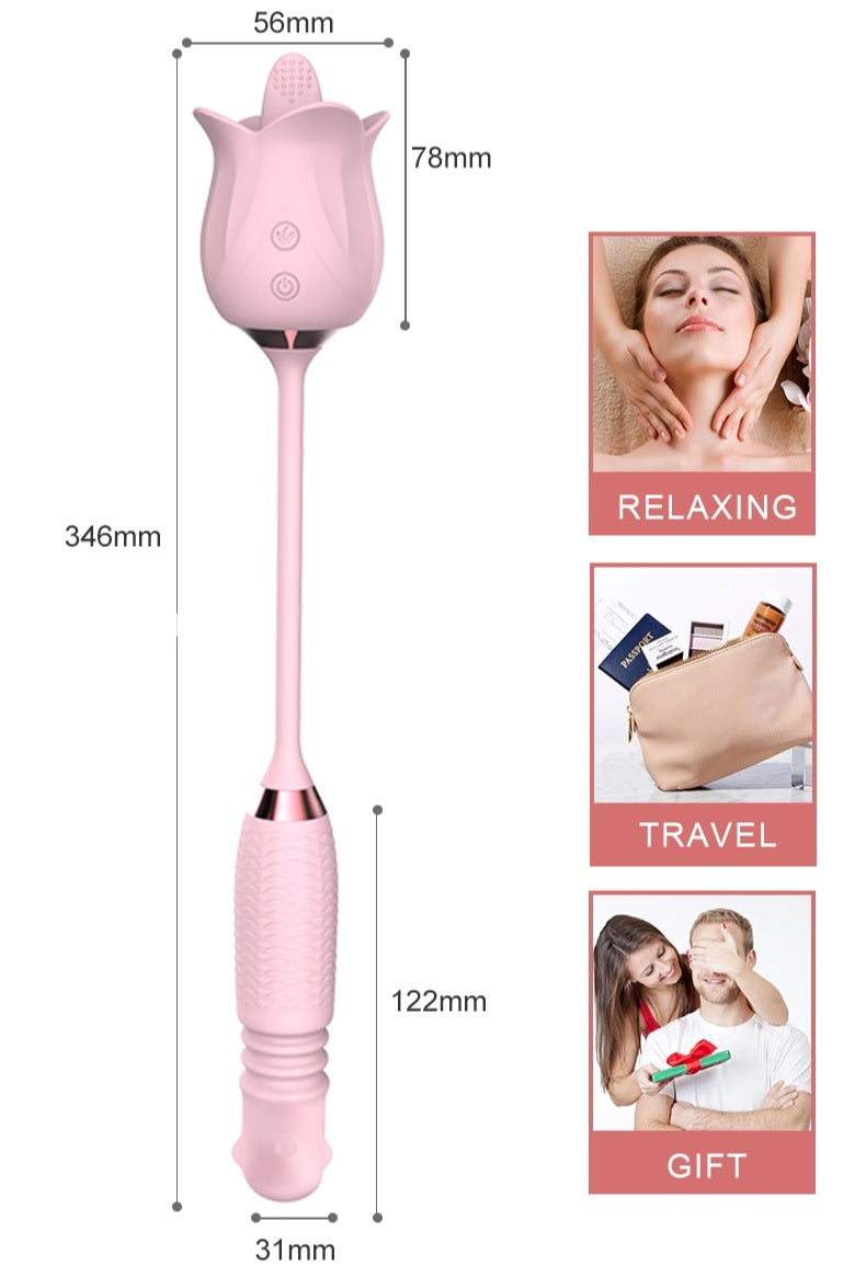 Lurevibe - 3-in-1 Blooming Sexy Pink Rose Toy Rotating Pearls Telescopic Tongue-licking Vibrator - Lurevibe